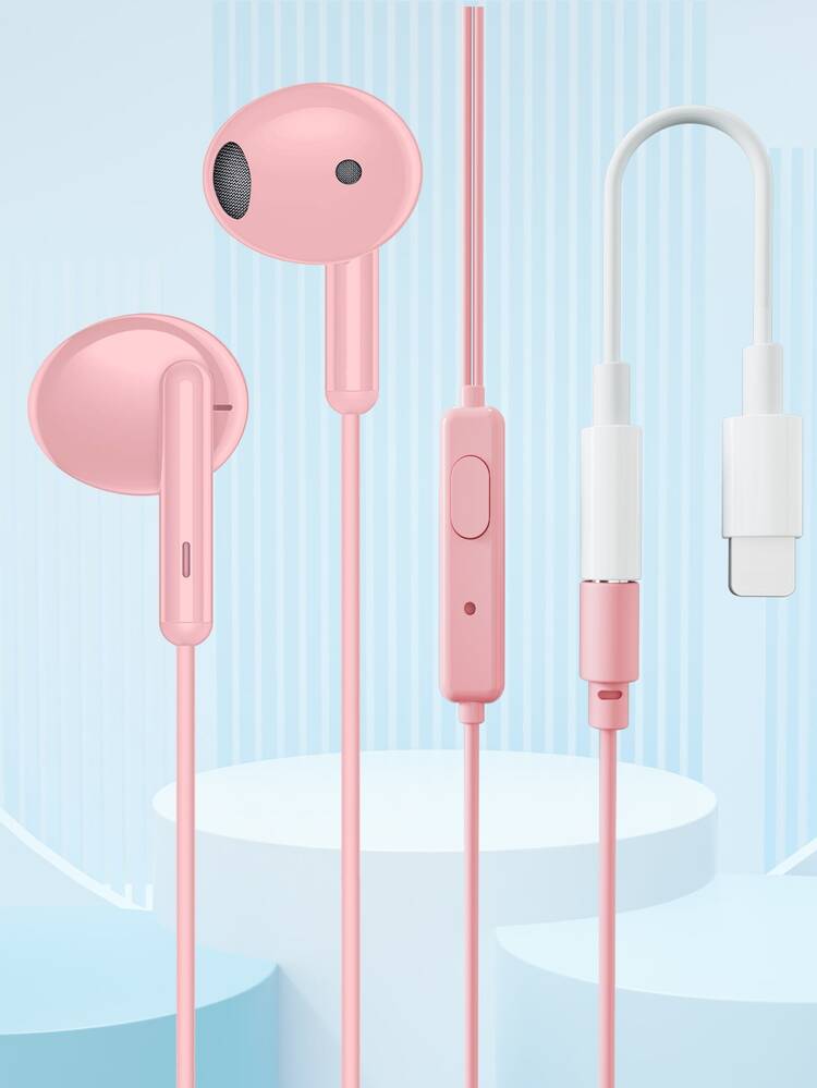 1pc Wired In-ear Headphone With Lightning Adapter - Pink - View 1