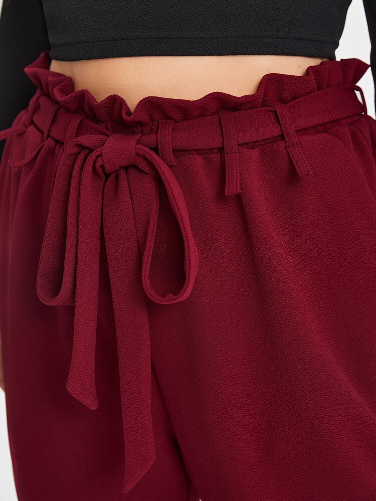 Courageous Creations Plus Paperbag Waist Belted Split Back Pants - Burgundy - View 4