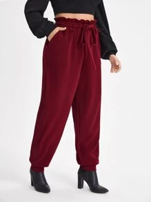 Courageous Creations Plus Paperbag Waist Belted Split Back Trousers - Burgundy - View 5