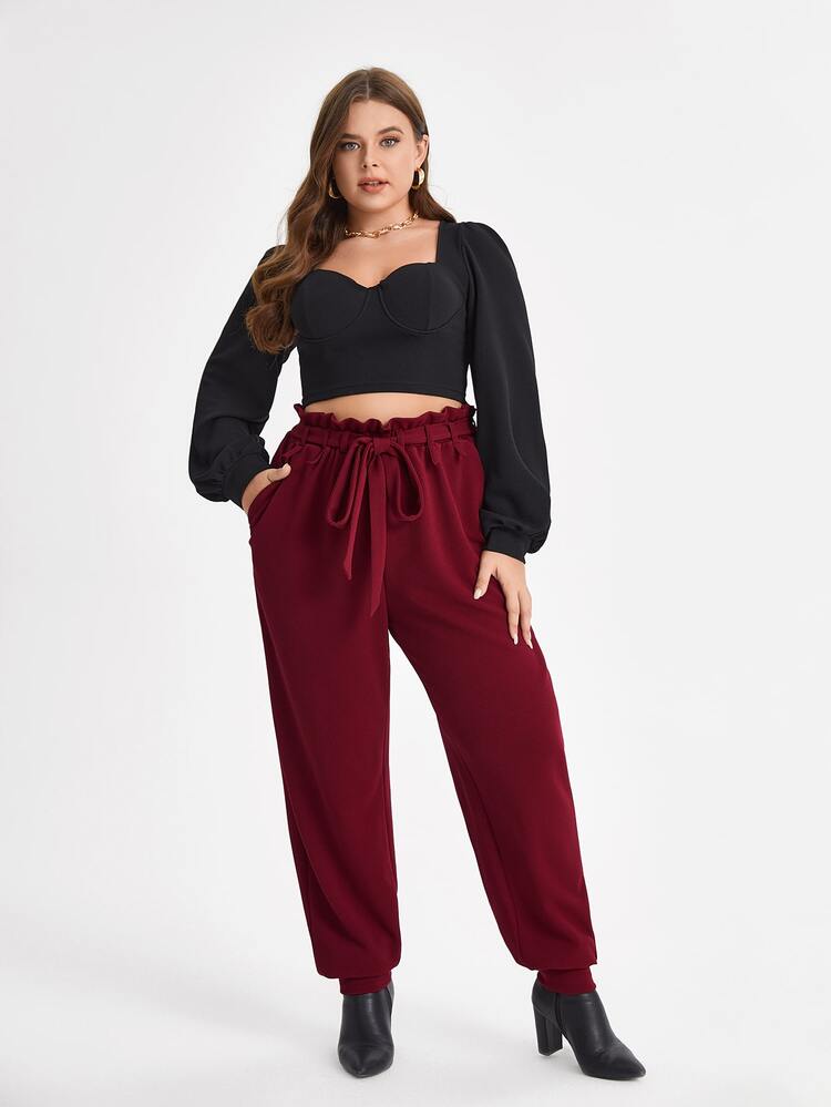 Courageous Creations Plus Paperbag Waist Belted Split Back Pants - Burgundy - View 6