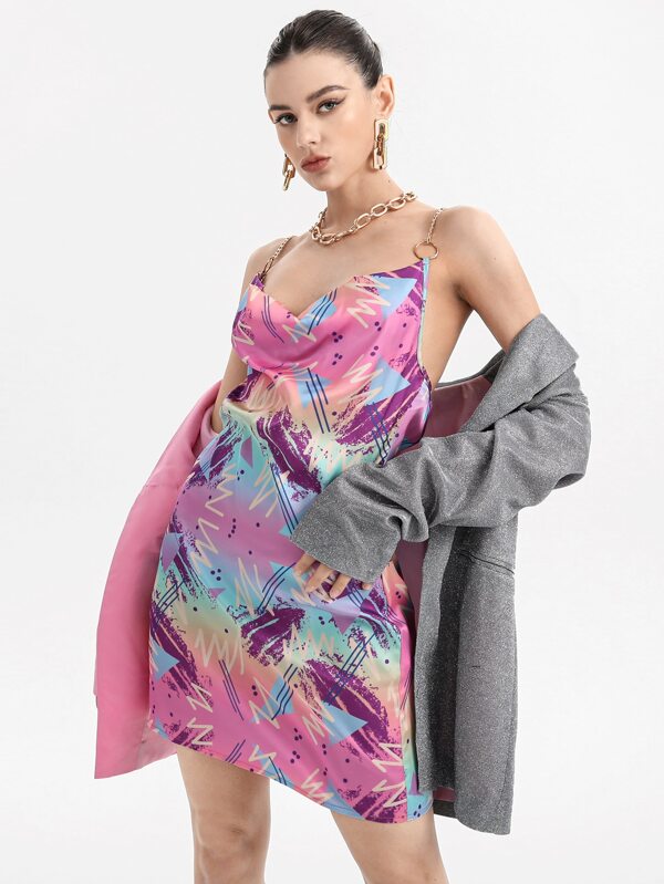 Spagnelli Chain Straps Crisscross Backless Draped Collar Cami Dress