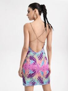 Spagnelli Chain Straps Crisscross Backless Draped Collar Cami Dress - Multicolor - View 2