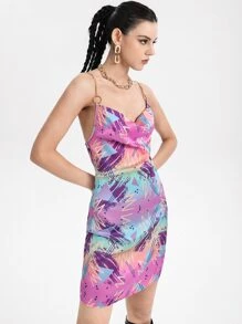 Spagnelli Chain Straps Crisscross Backless Draped Collar Cami Dress - Multicolor - View 5