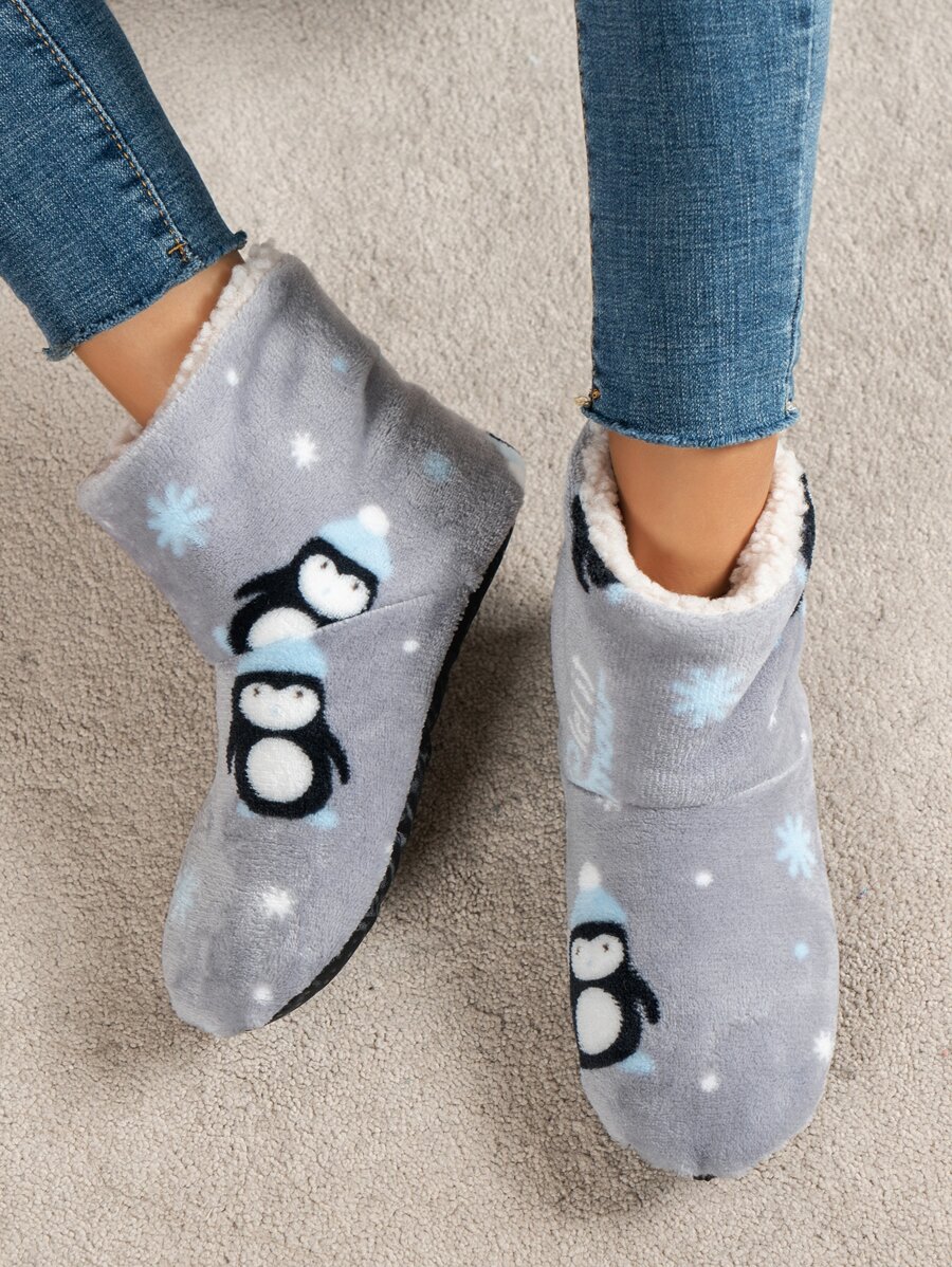 Penguin Pattern Thermal Lined Slipper Boots - Grey - View 1