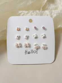 6pairs Rabbit & Bow Design Stud Earrings - Multicolor - View 1