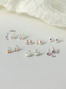 6pairs Rabbit & Bow Design Stud Earrings - Multicolor - View 3