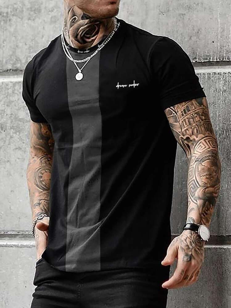 Manfinity Homme Áo thun nam vừa vặn cổ tròn tay ngắn Slogan Tee Casual - màu đen - Xem 1