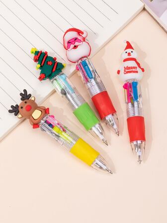 4 件套欧美风格圣诞雪人、驯鹿、树和圣诞老人简约多色圆珠笔