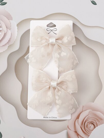 2pcs Heart Pattern Mesh Bow Hair Clips For Kids, 14+ Elegant Bowknot Hair Accessories / Simple Style Versatile Skirt