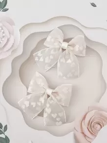 2pcs Heart Pattern Mesh Bow Hair Clips For Kids, 14+ Elegant Bowknot Hair Accessories / Simple Style Versatile Skirt - Beige - View 2