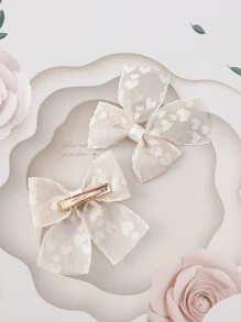 2pcs Heart Pattern Mesh Bow Hair Clips For Kids, 14+ Elegant Bowknot Hair Accessories / Simple Style Versatile Skirt - Beige - View 3
