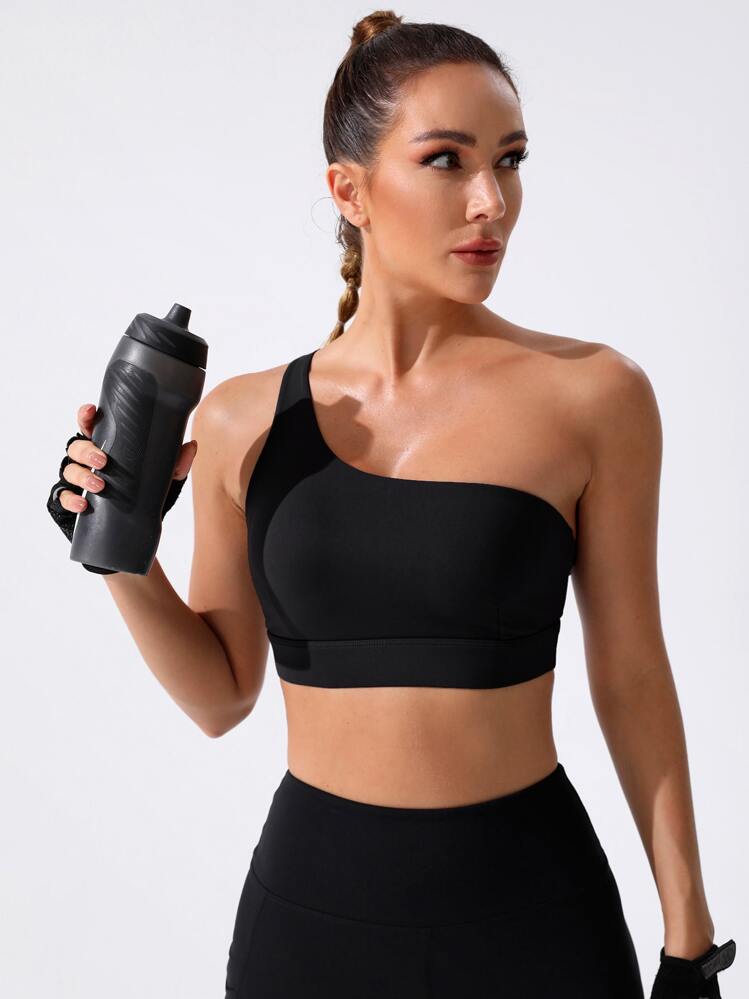 Slayform Cut Out One Shoulder Sports Bra - Black - View 2