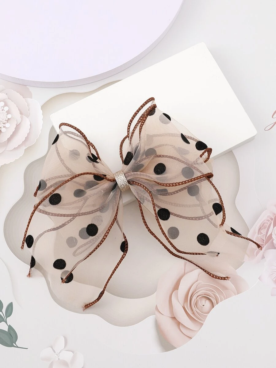 小女童波卡圓點蝴蝶結裝飾髮夾 - 杏色 - 查看 1