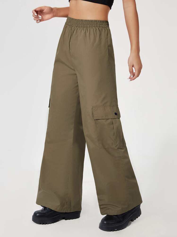 SHEIN PETITE Solid Cargo Trousers - Army Green - View 1