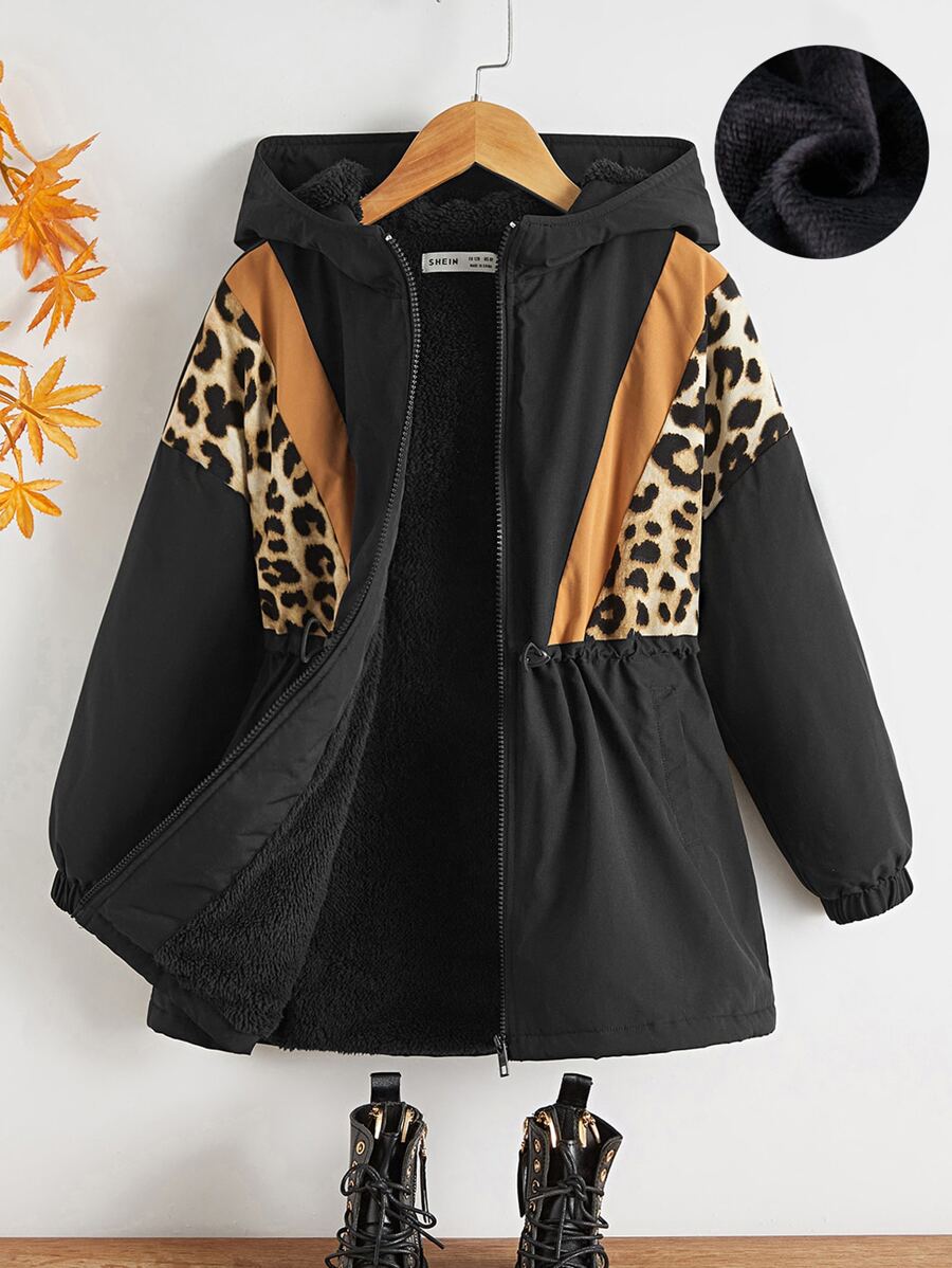 SHEIN Niñas Abrigo con capucha panel de leopardo - Negro - Ver 1