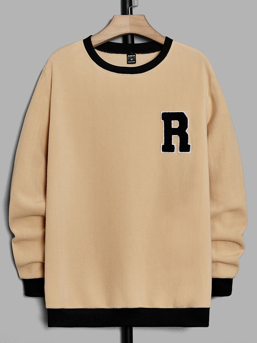 GENTILAND Men Letter Patched Contrast Binding Fleece Pullover - Khaki - View 1