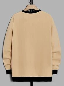 GENTILAND Men Letter Patched Contrast Binding Fleece Pullover - Khaki - View 2