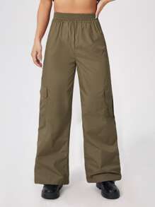 SHEIN PETITE Pantalones cargo unicolor - Verde militar - Ver 3