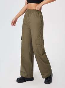 SHEIN PETITE Pantalones cargo unicolor - Verde militar - Ver 4