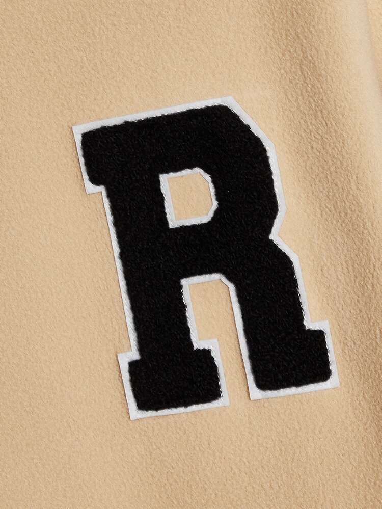 GENTILAND Hombres Pullover con parche de letra unido en contraste forro polar - Caqui - Añade 3