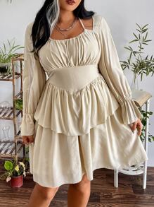 Vestido de cuello halter pecho con fruncido de manga con volante - Albaricoque - Ver 1