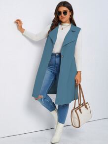 SHEIN LUNE Plus Lapel Neck Single Button Vest Coat - Cadet Blue - View 5