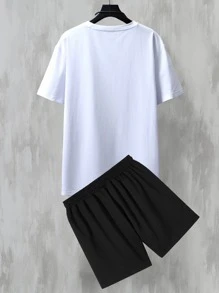 Manfinity Homme Men Letter & Picture Print Drop Shoulder Tee & Drawstring Waist Shorts