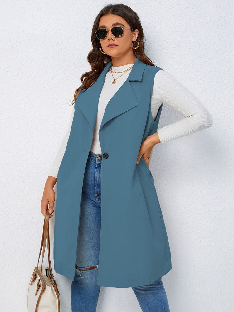 SHEIN LUNE Abrigo chaleco de cuello con solapa con botón - Azul Cadete - Añade 6