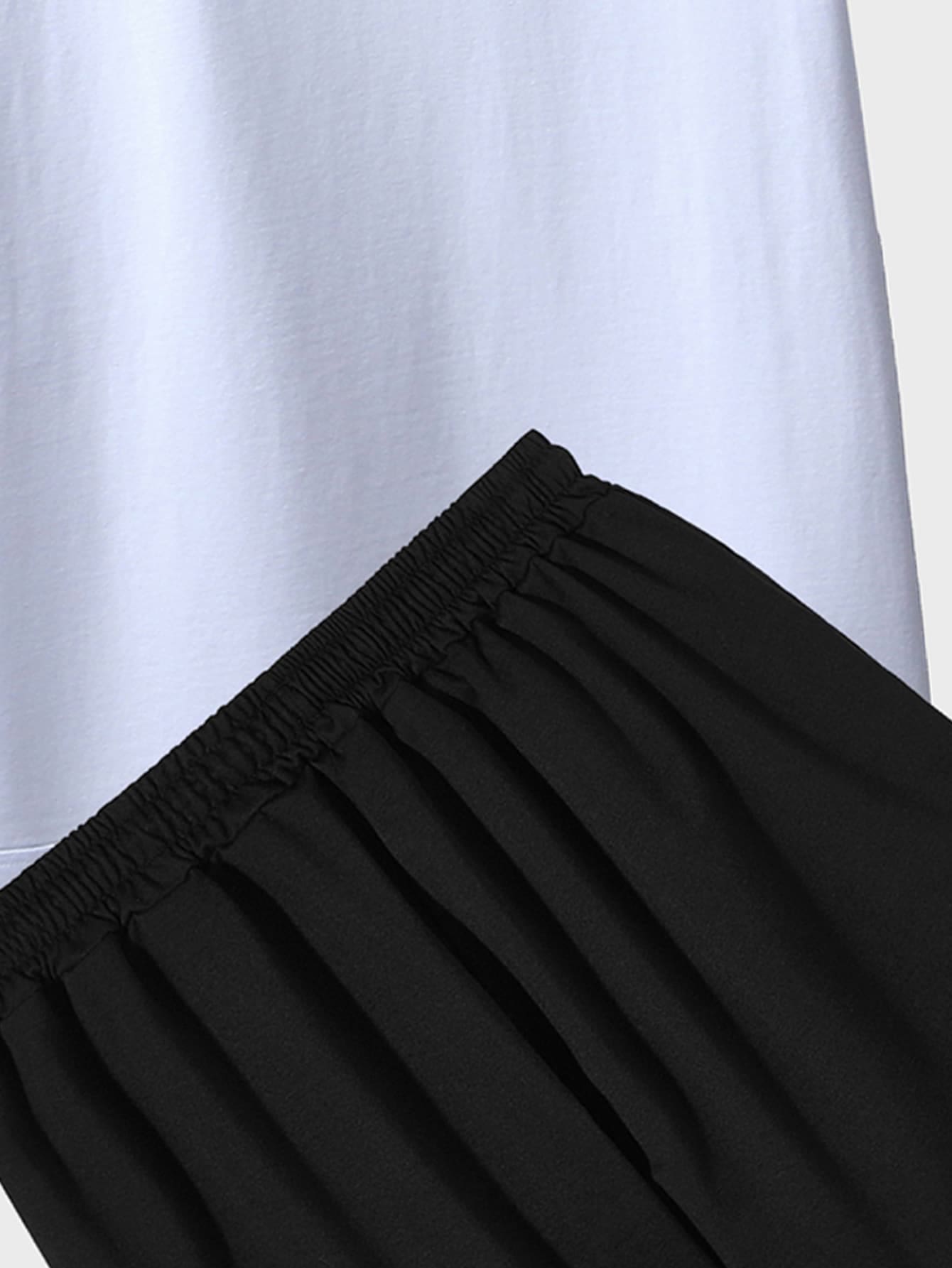 Manfinity Homme Men Letter & Picture Print Drop Shoulder Tee & Drawstring Waist Shorts - Black and White - View 3