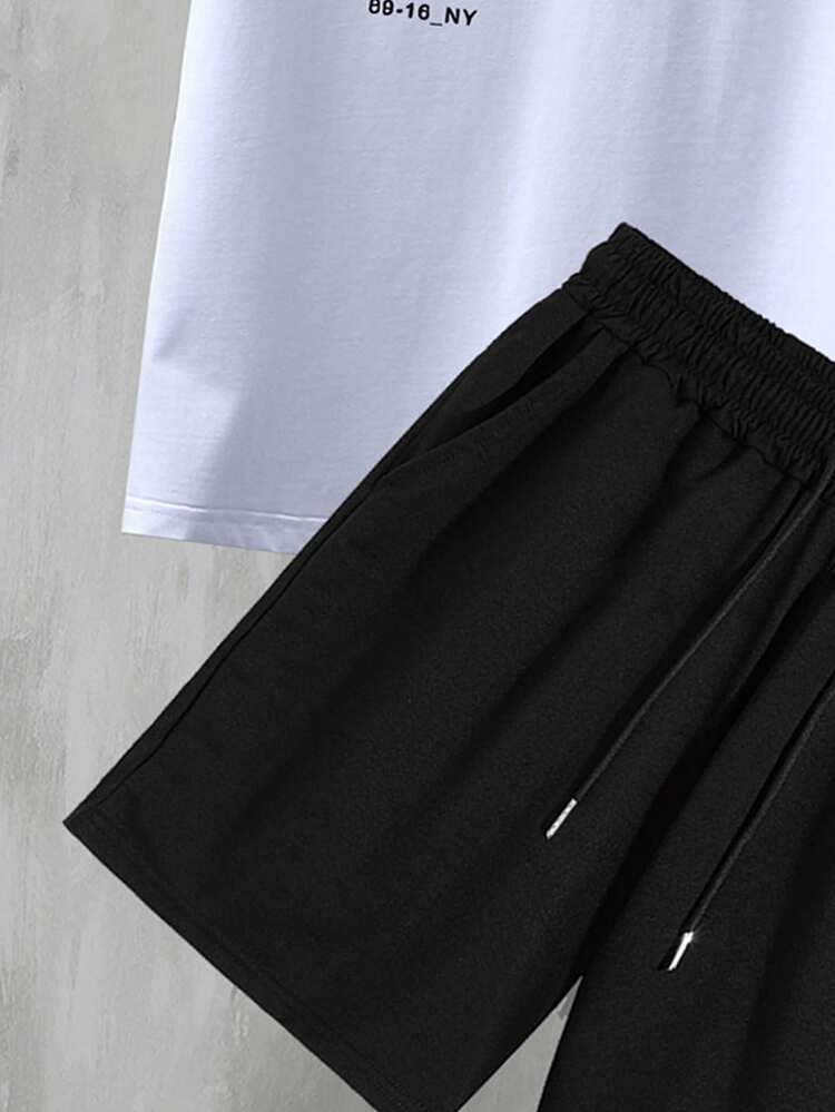 Manfinity Homme Men Letter & Picture Print Drop Shoulder Tee & Drawstring Waist Shorts - Black and White - View 5