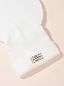 1 件儿童纯色户外休闲时尚印花布鲁克林字母图案舒适针织帽，适合所有季节 - 白色 - 查看 3