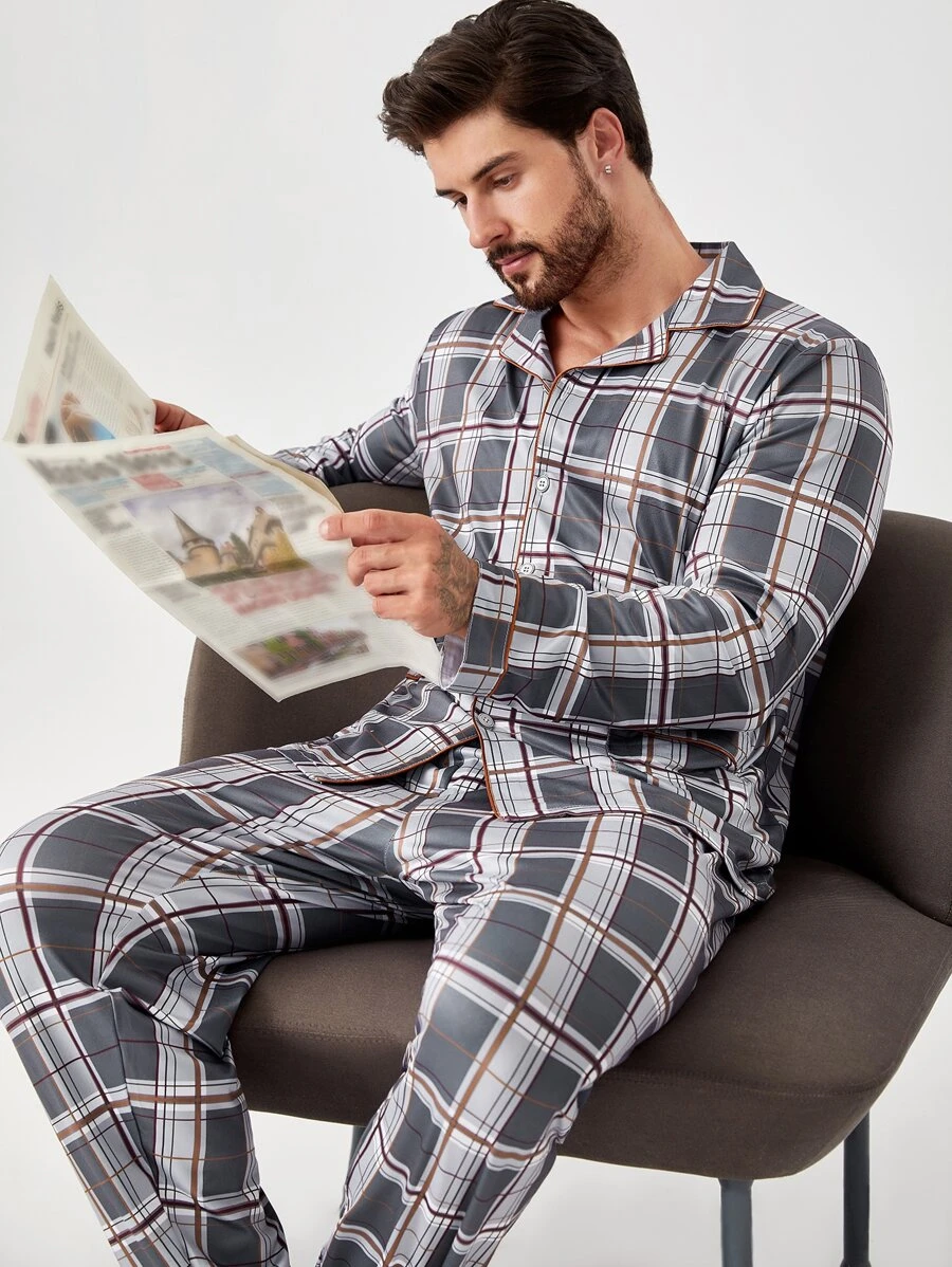 Men Plaid Print Pocket Patched PJ Set - Multicolor - View 1