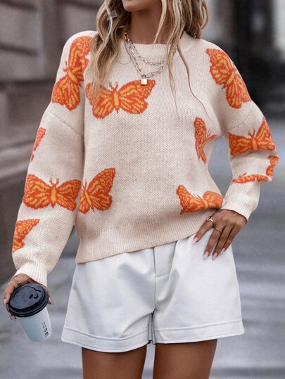 SHEIN LUNE Butterfly Pattern Drop Shoulder Sweater