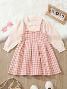 Toddler Girls Gingham Pattern Fold Pleated 2 In 1 Jumper Dress - Multicolor - View 1