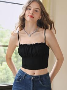 SHEIN MOD Top corto de tirantes ribete fruncido pecho con fruncido - Negro - Ver 2
