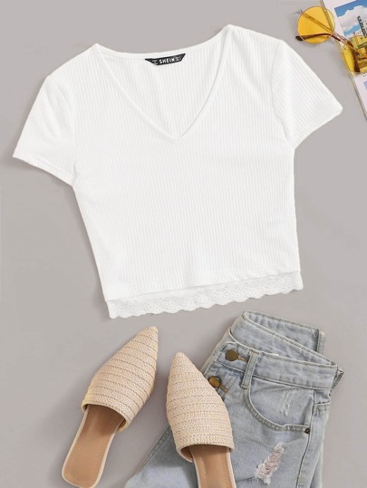 SHEIN V-neck Lace Hem Rib-knit Tee