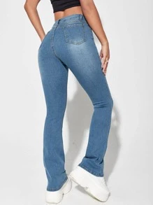 SHEIN ICON Slant Pocket Flare Leg Jeans - Medium Wash - View 2
