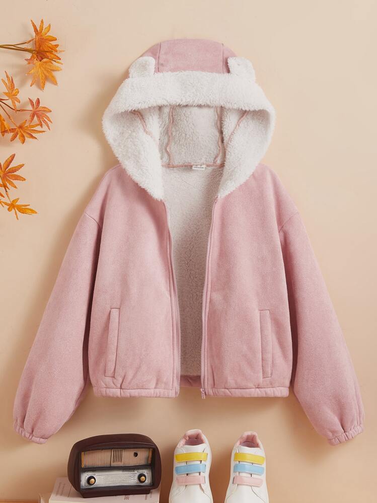 SHEIN Qutie Slant Pockets Drop Shoulder 3D Ear Hooded Teddy Lined Jacket - Baby Pink - View 1