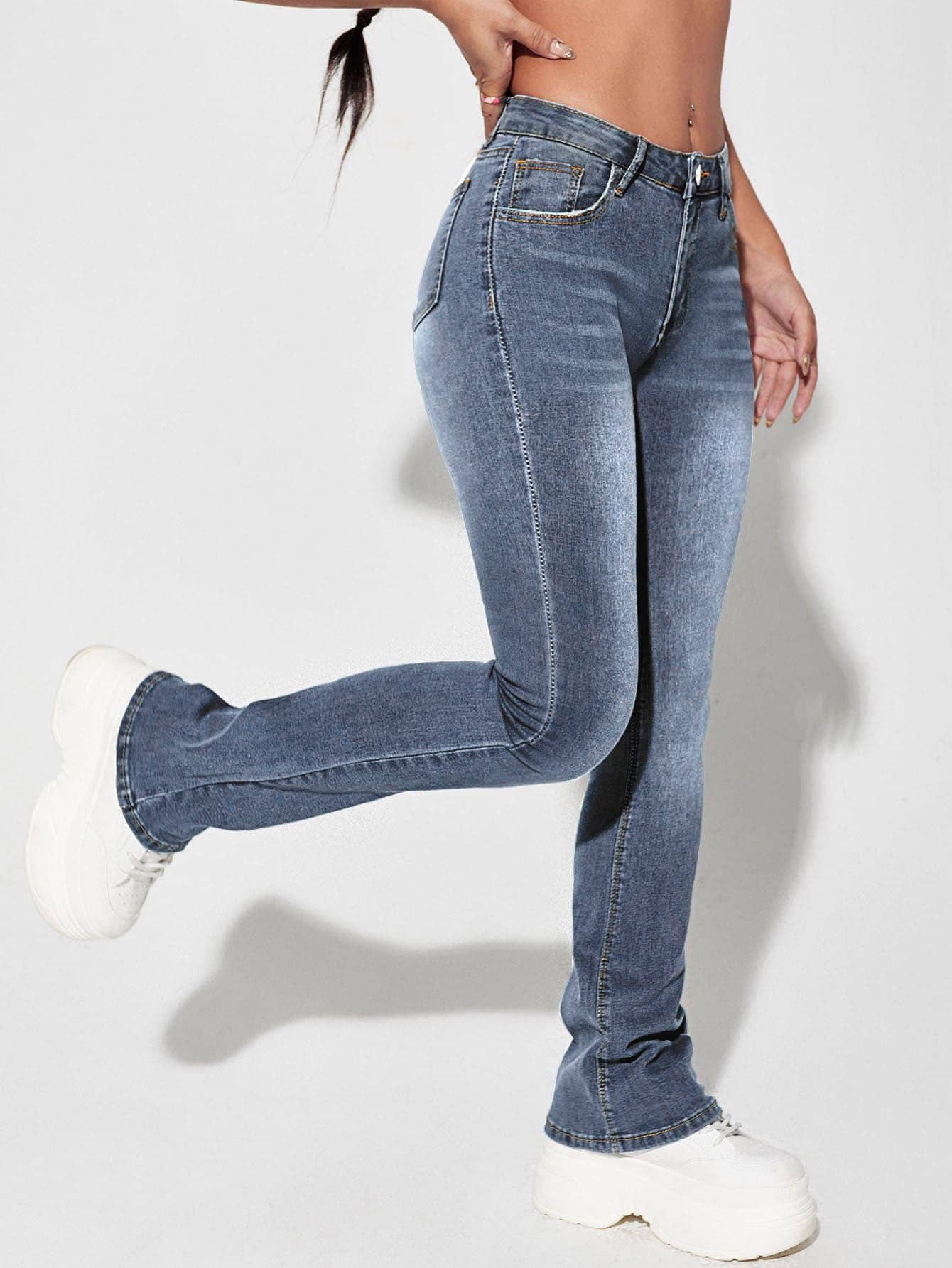 SHEIN ICON Quần jean nữ Nút Túi Dây kéo màu trơn - Rửa tối - Xem 1