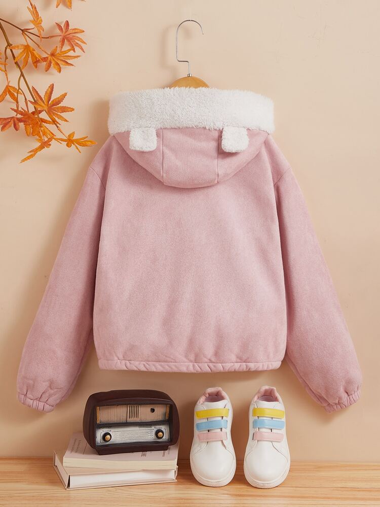 SHEIN Qutie Slant Pockets Drop Shoulder 3D Ear Hooded Teddy Lined Jacket - Baby Pink - View 2