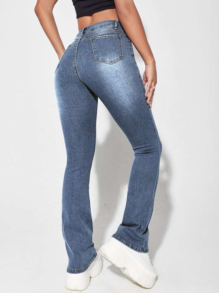 SHEIN ICON Quần jean nữ Nút Túi Dây kéo màu trơn - Rửa tối - Xem 2