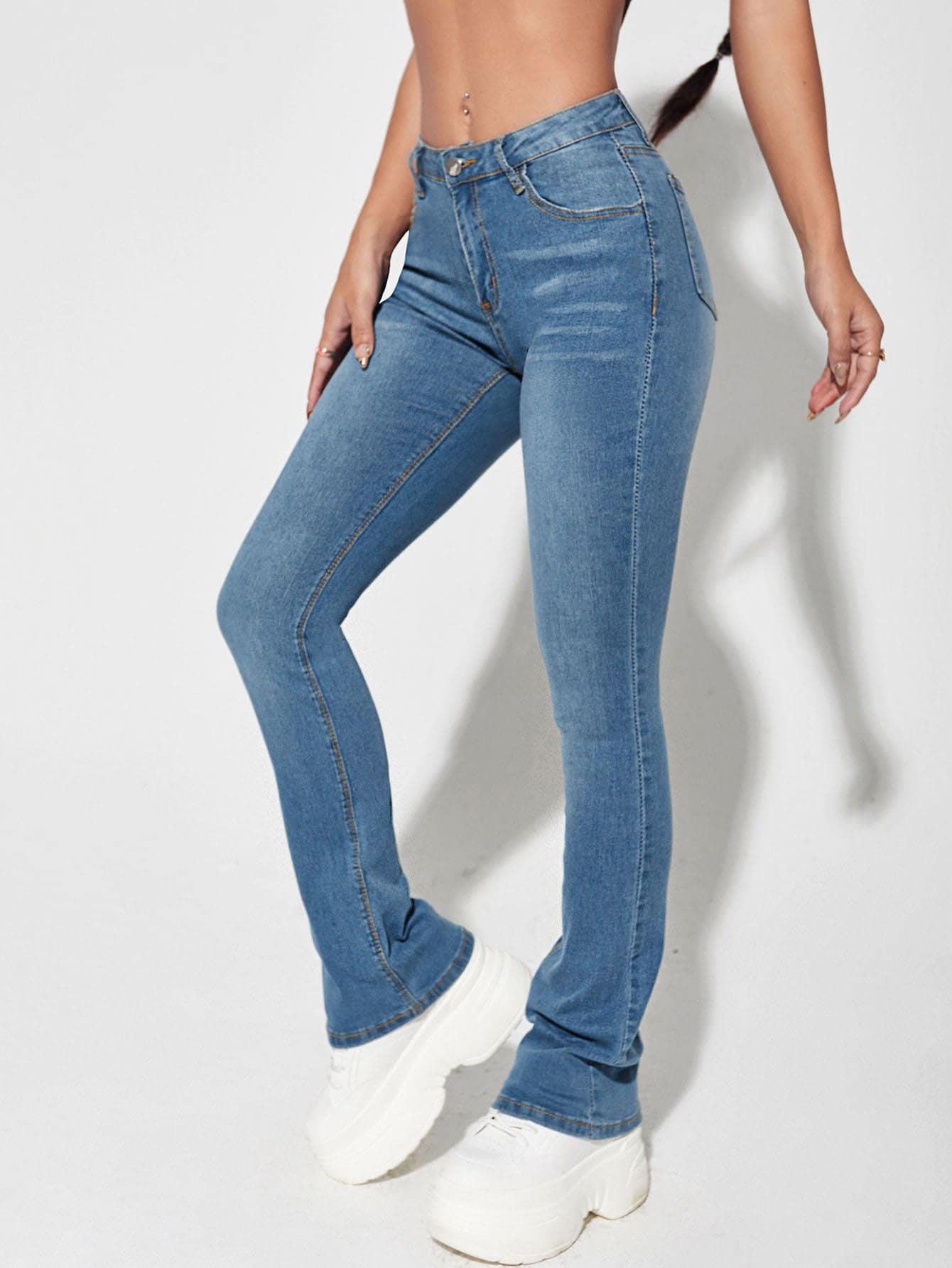 SHEIN ICON Slant Pocket Flare Leg Jeans - Medium Wash - View 5