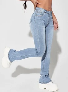 SHEIN ICON 斜口袋牛仔喇叭褲 - 淺色水洗藍 - 查看 3