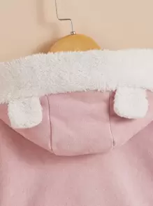 SHEIN Qutie Slant Pockets Drop Shoulder 3D Ear Hooded Teddy Lined Jacket - Baby Pink - View 3