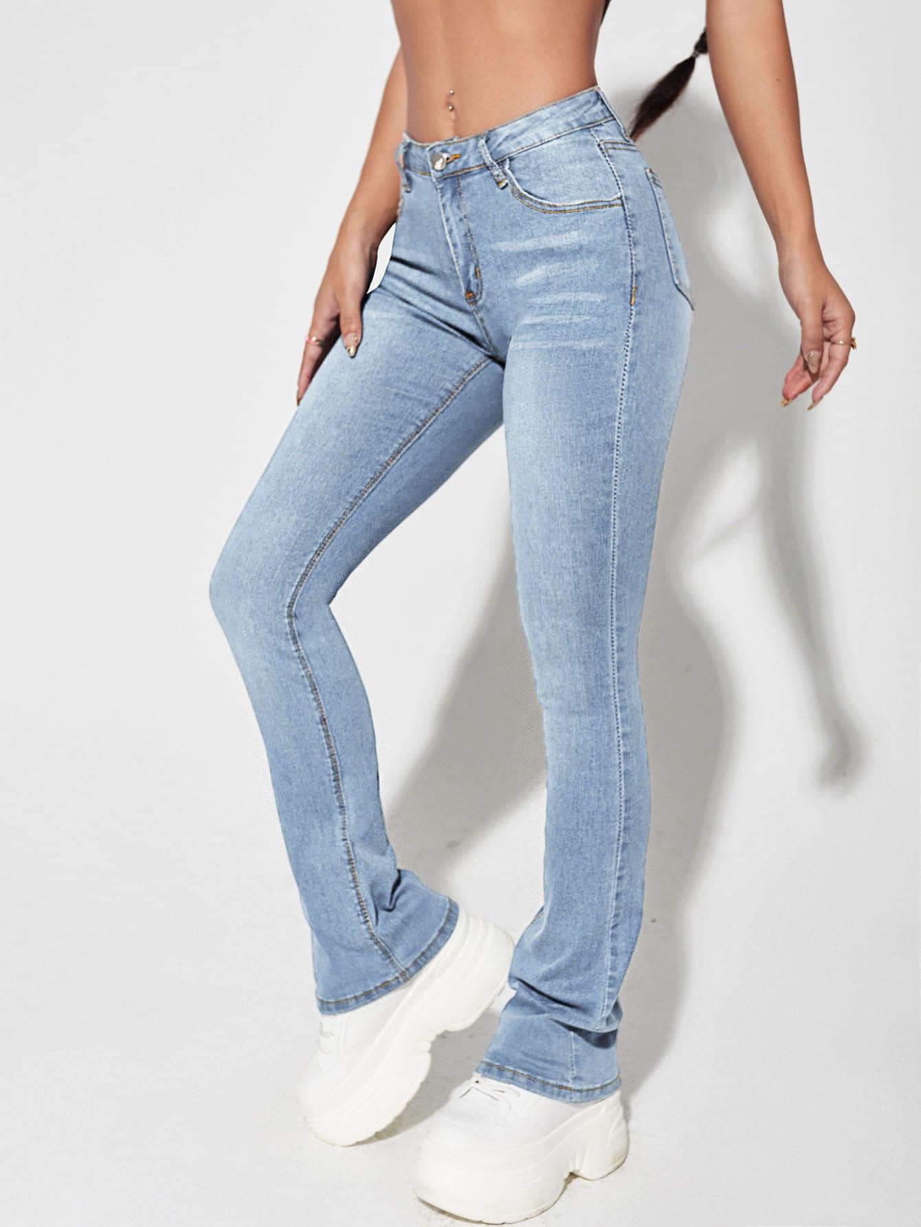 SHEIN ICON Slant Pocket Flare Leg Jeans - Light Wash - View 5