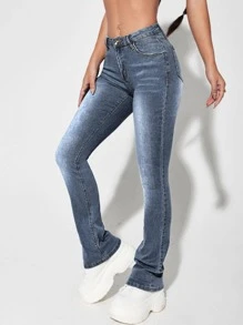 SHEIN ICON Quần jean nữ Nút Túi Dây kéo màu trơn - Rửa tối - Xem 5