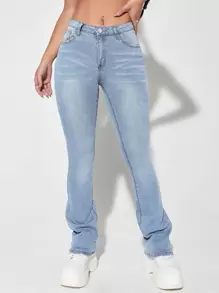 SHEIN ICON 斜口袋牛仔喇叭褲 - 淺色水洗藍 - 查看 6