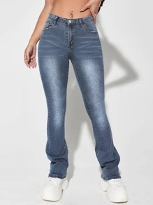 SHEIN ICON Quần jean nữ Nút Túi Dây kéo màu trơn - Rửa tối - Xem 6