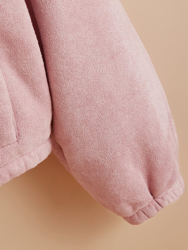 SHEIN Qutie Slant Pockets Drop Shoulder 3D Ear Hooded Teddy Lined Jacket - Baby Pink - View 4