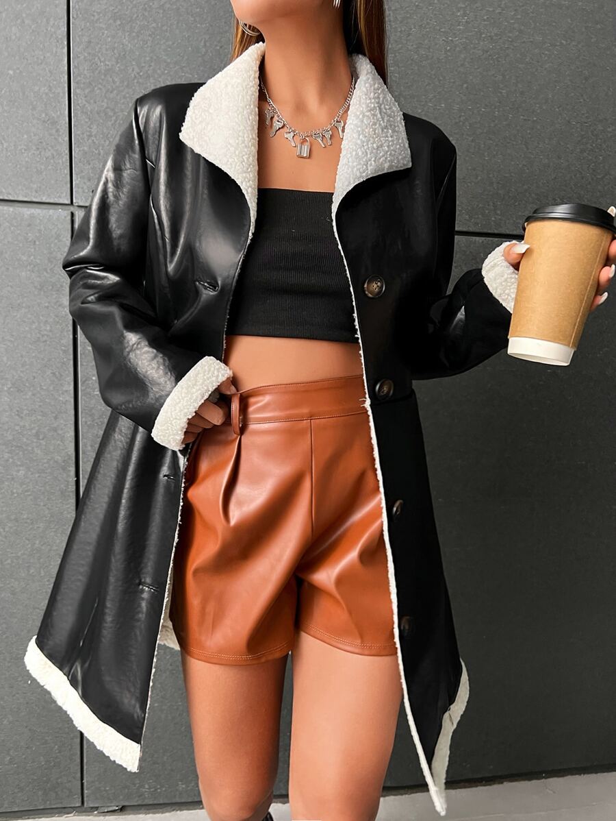 SHEIN Coolane 毛絨內襯PU皮革外套不附腰帶